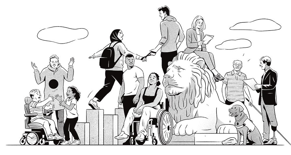 Bildet viser mennesker med ulike funksjonsnedsettelser, inkludert personer i rullestol og med førerhund, som samhandler rundt en stor løvestatue. 