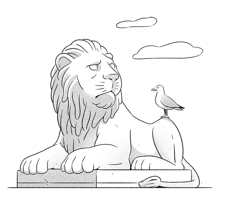Illustrasjon av en majestetisk løvestatue liggende på en sokkel, med en måke sittende på ryggen. I bakgrunnen sees to skyer mot en lys himmel.