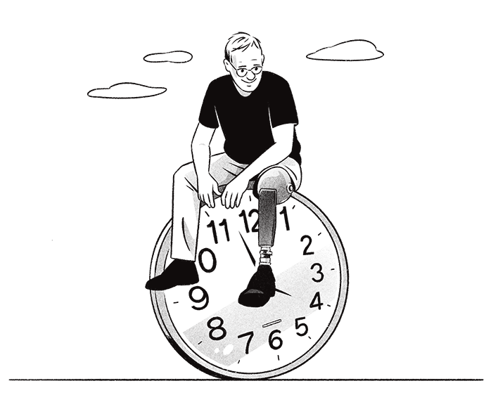 Illustrasjon av en person med briller og kort hår, kledd i svart t-skjorte og shorts, sittende avslappet oppå en stor klokke som viser klokken 09:00. Personen har det ene benet krysset over det andre og ser ned mot klokken. I bakgrunnen svever to små skyer.